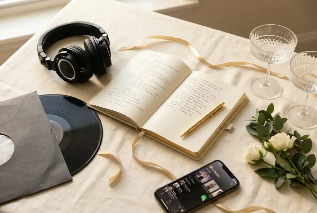 Préparation du déroulé de mariage : carnet, casque de DJ, vinyle et playlist